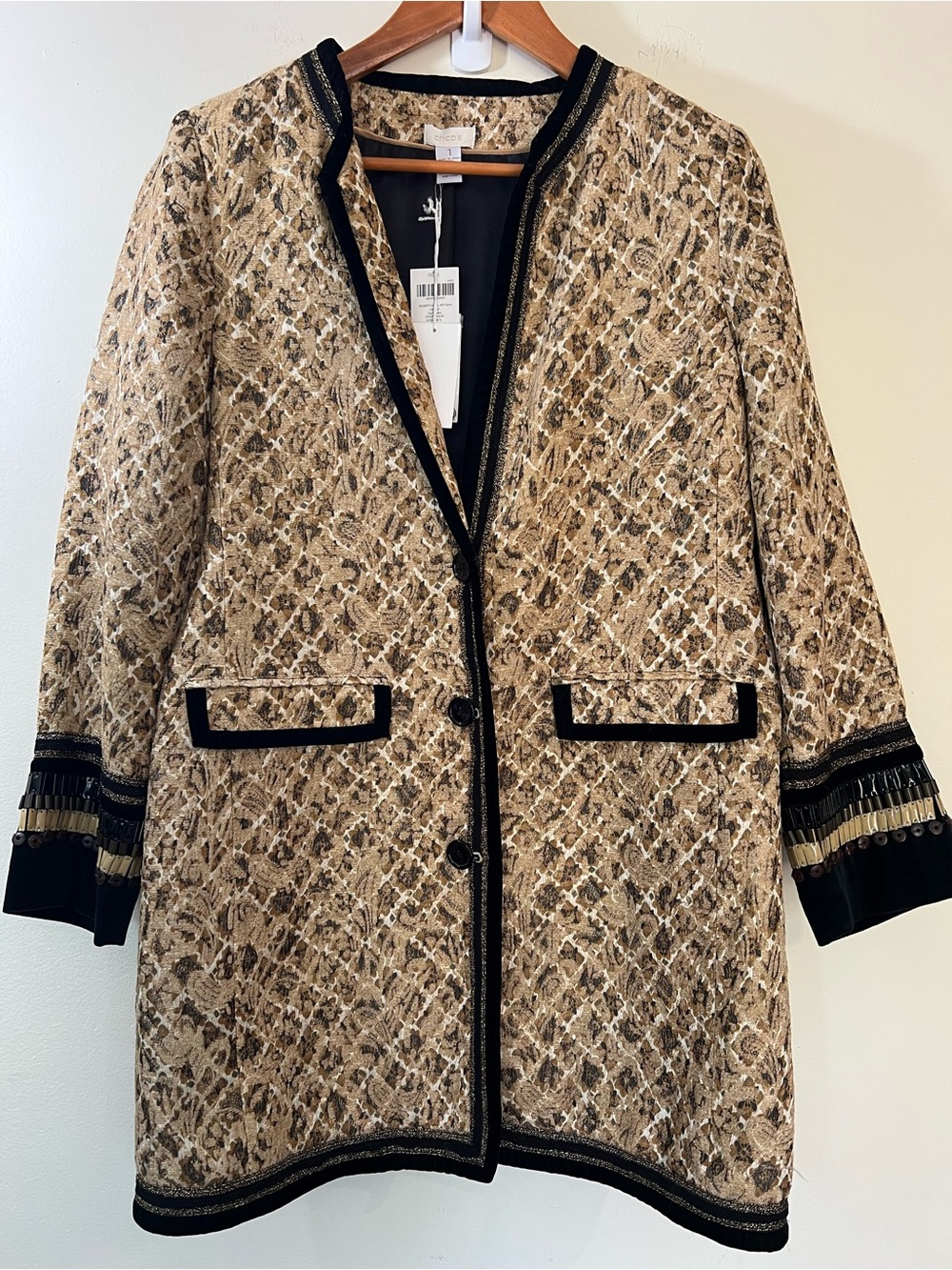 Chico's Gold Tapestry Beaded Artsy Embellished Jacket Long Coat Size 1X NWT